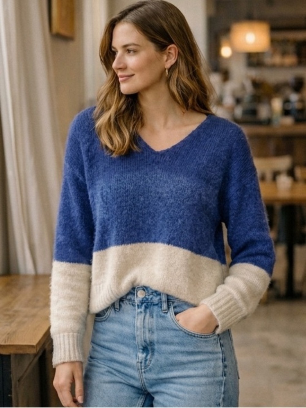 Part Two Raluca Copenhagen Blue Ivory Colorblock Alpaca Wool Blend Sweater Small